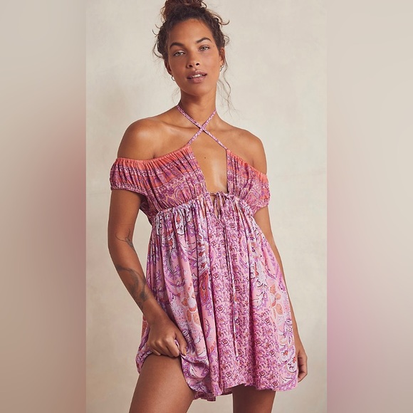 Free People Intimately FP Bali Mariposa Mini Slip Dress Tunic Boho Pink/Orange S - Picture 2 of 9